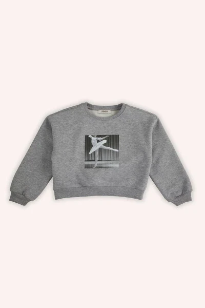 Kız Çocuk Baskı Detaylı Gri-Melanj Sweatshirt - 4