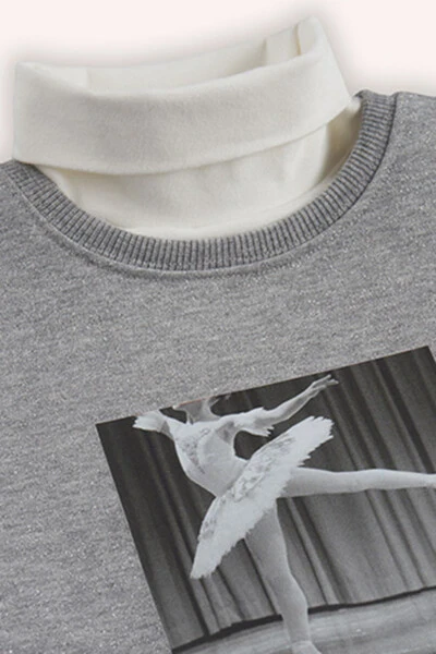 Kız Çocuk Baskı Detaylı Gri-Melanj Sweatshirt - 5