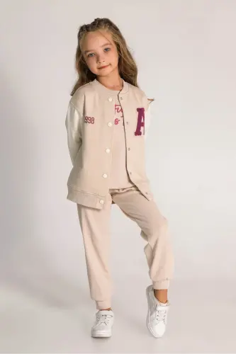 kız çocuk baskılı pamuklu kolej hırka-Bej - 3