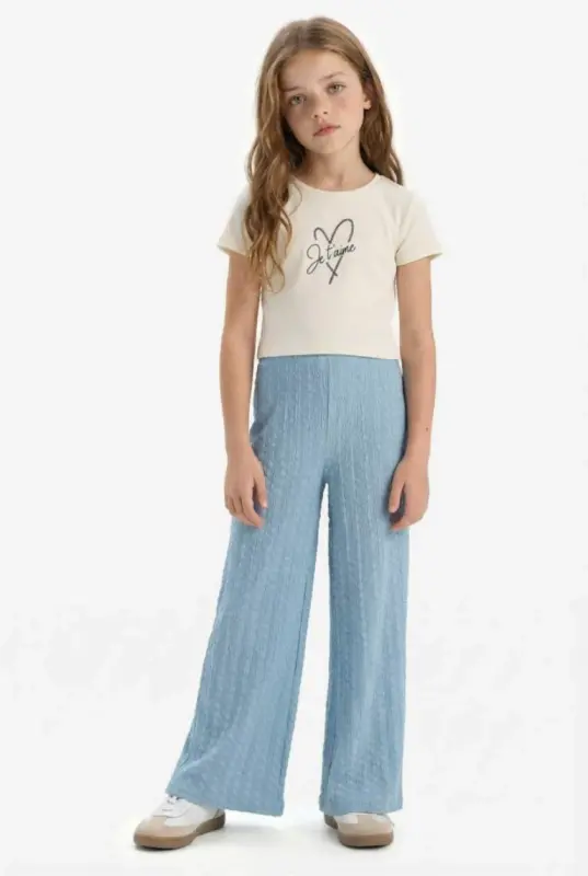 Kız Çocuk 2'li Takım Baskılı Kısa Kollu Tişört Pantolon-Ekru - DEFACTO