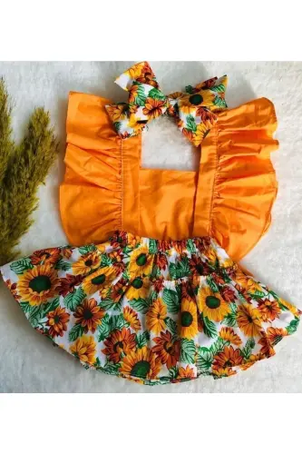 Kız Çocuk&bebek Turuncu Çiçek Desenli Salopet Elbise Bandana Takım - 1