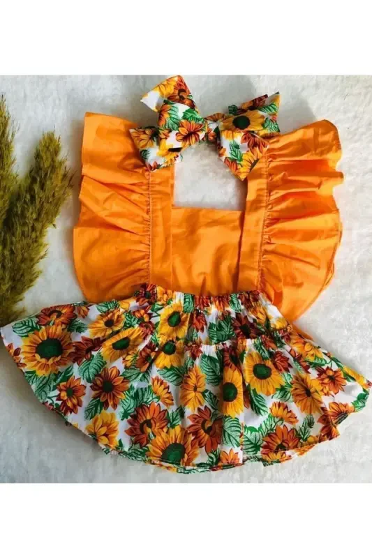 Kız Çocuk&bebek Turuncu Çiçek Desenli Salopet Elbise Bandana Takım - DEFNESTORE