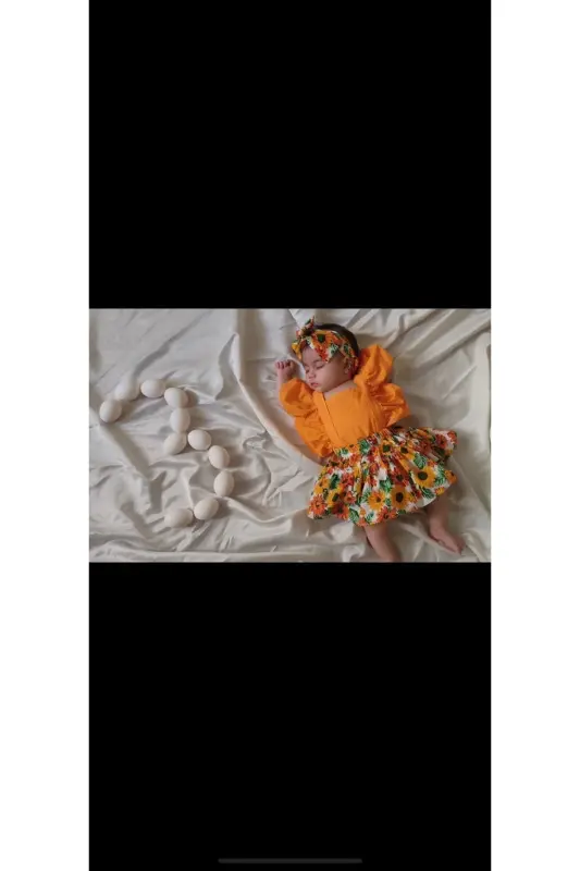 Kız Çocuk&bebek Turuncu Çiçek Desenli Salopet Elbise Bandana Takım - 3