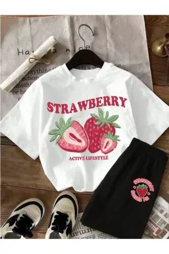 Kız Çocuk Beyaz-Siyah Strawberry Baskılı Penye Şort Tişört Takım-Beyaz1Siyah1 - 1