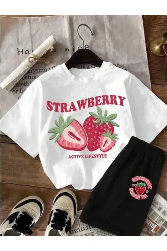 Kız Çocuk Beyaz-Siyah Strawberry Baskılı Penye Şort Tişört Takım-Beyaz1Siyah1 - 1