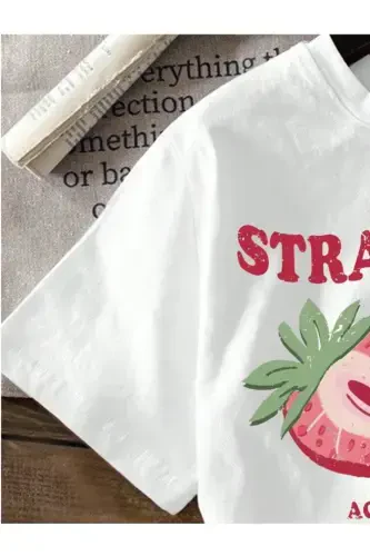 Kız Çocuk Beyaz-Siyah Strawberry Baskılı Penye Şort Tişört Takım-Beyaz1Siyah1 - 3