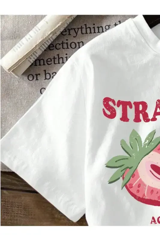 Kız Çocuk Beyaz-Siyah Strawberry Baskılı Penye Şort Tişört Takım-Beyaz1Siyah1 - 3