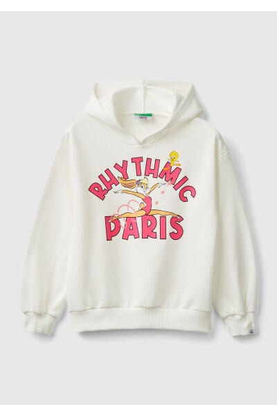 Kız Çocuk Beyaz Tweety Baskılı Düşük Omuz Rahat Kalıp Kapüşonlu Sweatshirt - 1