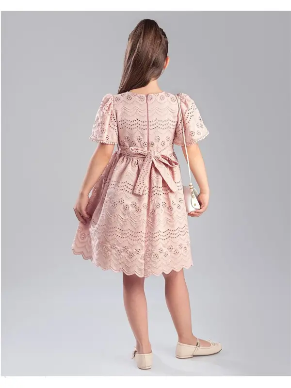 Pembe Kız Çocuk Çantalı Brode Elbise-Pembe - 4