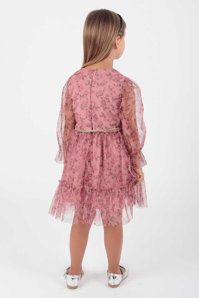 Pembe Kız Çocuk Çiçek Baskılı Taçlı Kemerli Elbise Ak2202-Pembe - 10