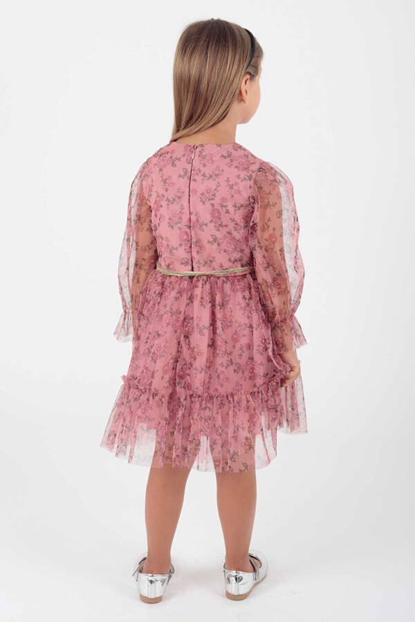 Pembe Kız Çocuk Çiçek Baskılı Taçlı Kemerli Elbise Ak2202-Pembe - 10