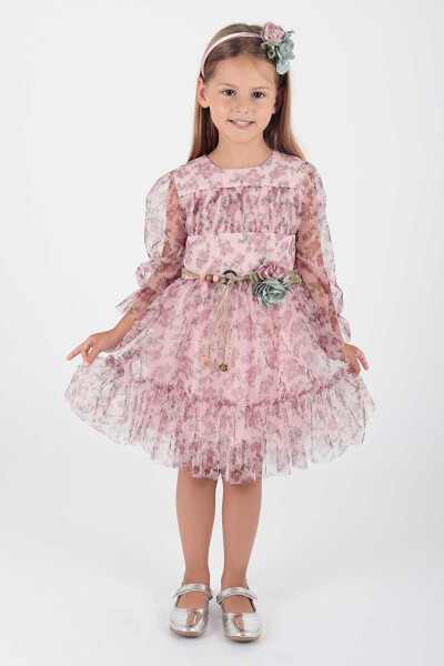 Pembe Kız Çocuk Çiçek Baskılı Taçlı Kemerli Elbise Ak2202-Pembe - 6