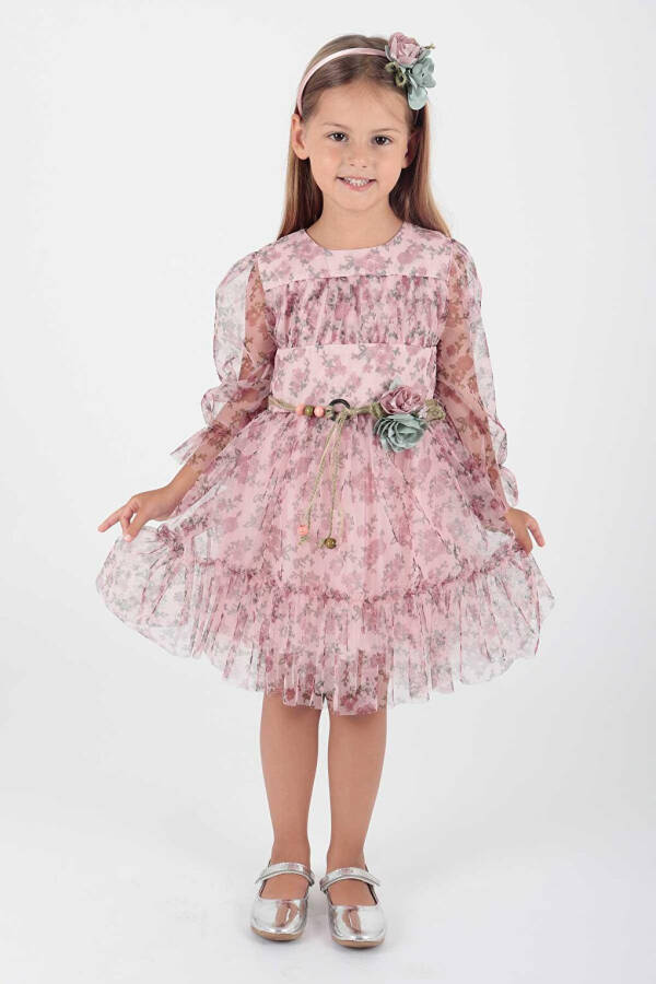 Pembe Kız Çocuk Çiçek Baskılı Taçlı Kemerli Elbise Ak2202-Pembe - 6