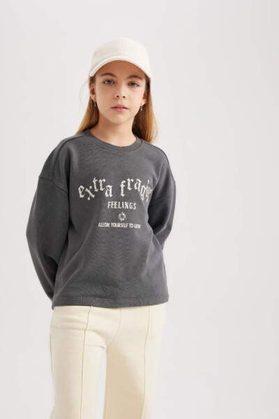 Kız Çocuk Crop Baskılı Bisiklet Yaka Sweatshirt Antrasit - 3