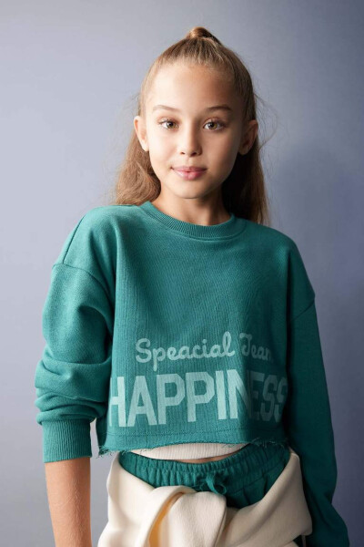 Kız Çocuk Crop Bisiklet Yaka Baskılı Sweatshirt Koyu Yeşil - 4