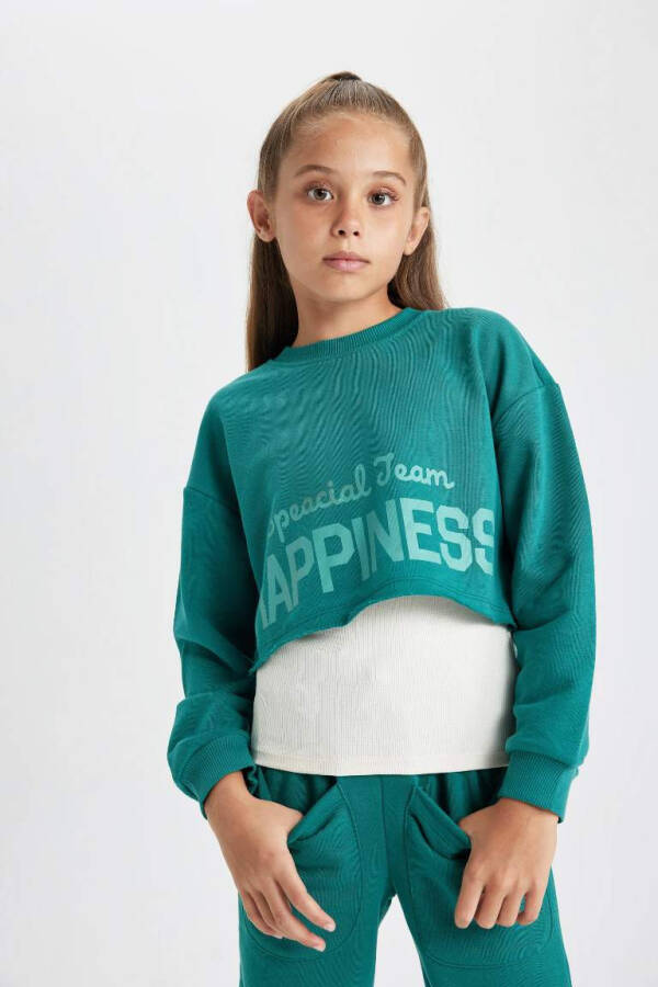 Kız Çocuk Crop Bisiklet Yaka Baskılı Sweatshirt Koyu Yeşil - 7