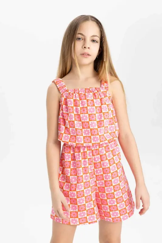 Kız Çocuk Desenli Askılı Kısa Tulum B4814A824SM-Turuncu - 3
