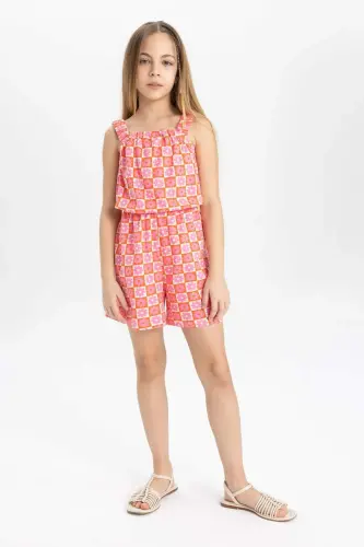 Kız Çocuk Desenli Askılı Kısa Tulum B4814A824SM-Turuncu - DEFACTO (1)