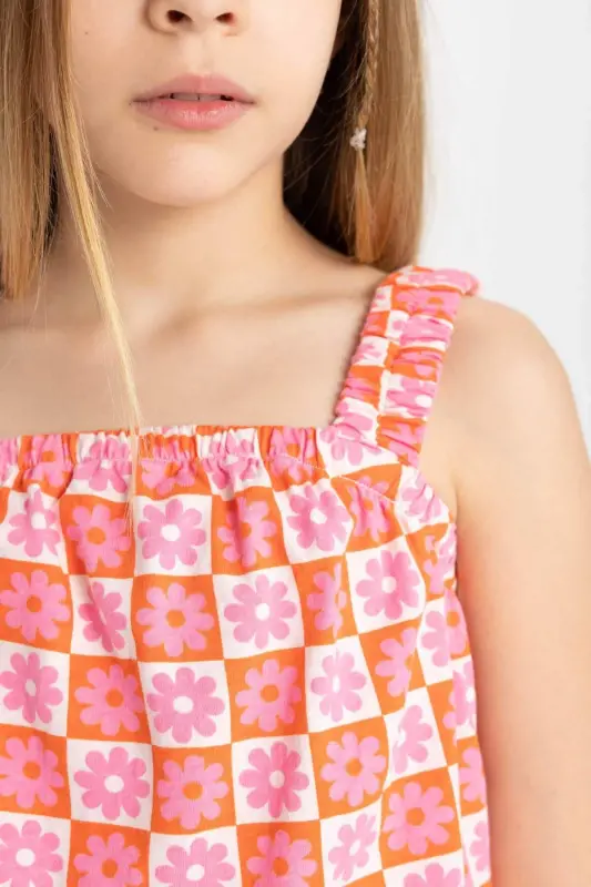 Kız Çocuk Desenli Askılı Kısa Tulum B4814A824SM-Turuncu - 5