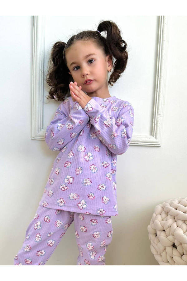 Kız Çocuk Fitilli Kumaş Çiçek Desenli Pijama Takımı Esnek Kumaş Yeni Sezon Mor Renk - 6