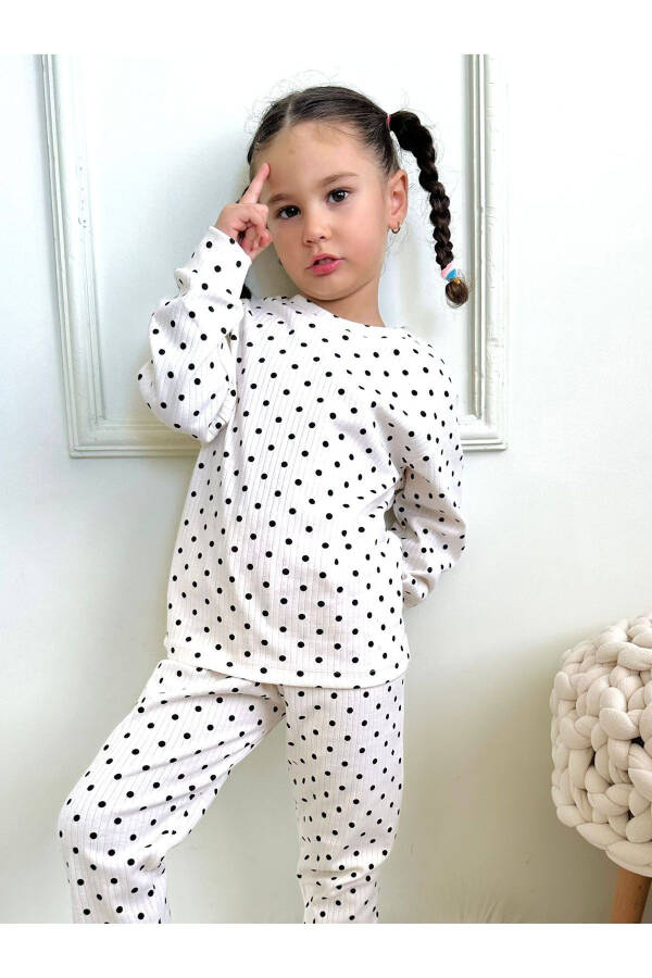 Kız Çocuk Fitilli Kumaş Polkadot / Puantiyeli Pijama Takımı Esnek Kumaş - 6