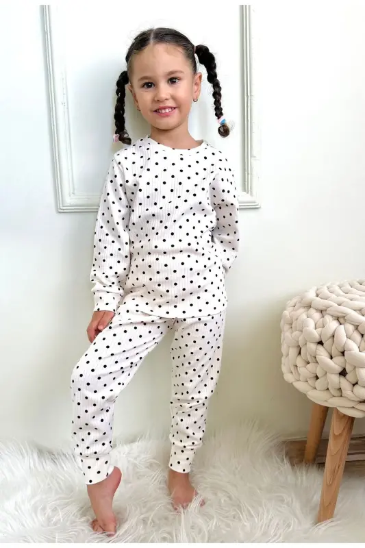 Kız Çocuk Fitilli Kumaş Polkadot / Puantiyeli Pijama Takımı Esnek Kumaş - Siyah Beyaz - 1