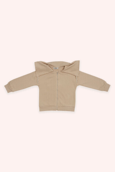 Kız Çocuk Geniş Yaka Detaylı Fermuarlı Bej Sweatshirt - 037-Bej 