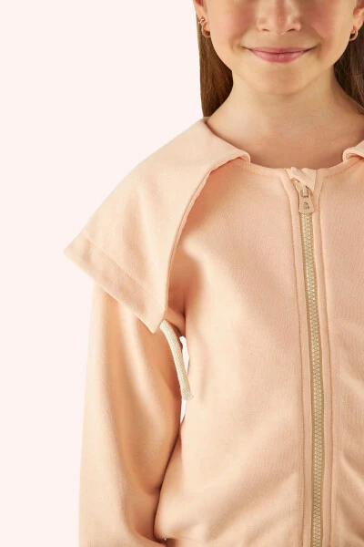 Kız Çocuk Geniş Yaka Detaylı Fermuarlı Somon Sweatshirt-022 - 2