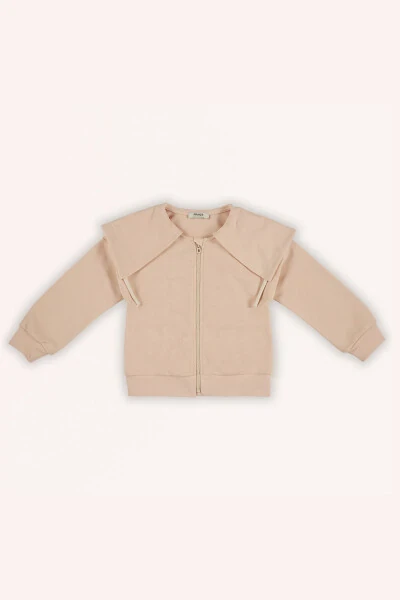 Kız Çocuk Geniş Yaka Detaylı Fermuarlı Somon Sweatshirt-022 - 4