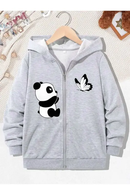 Kız Çocuk Gri Panda Kelebek Baskılı Kapşonlu Fermuarlı Hırka- - MORNİNG KİDS
