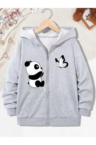 Kız Çocuk Gri Panda Kelebek Baskılı Kapşonlu Fermuarlı Hırka- - 1