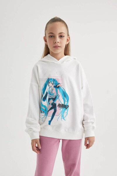 Kız Çocuk Hatsune Miku Oversize Geniş Kalıp Kapüşonlu Sweatshirt Ekru - 1