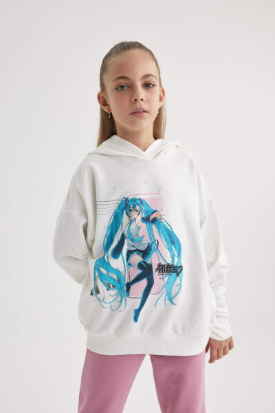 Kız Çocuk Hatsune Miku Oversize Geniş Kalıp Kapüşonlu Sweatshirt Ekru - 3