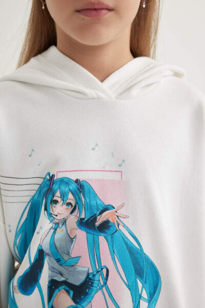 Kız Çocuk Hatsune Miku Oversize Geniş Kalıp Kapüşonlu Sweatshirt Ekru - 5