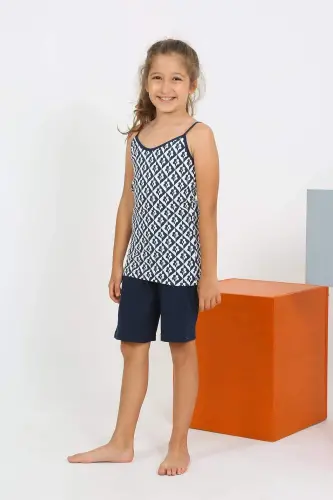 Kız Çocuk İp Askılı Şortlu Penye Lacivert Pijama Takım 20430 - 1