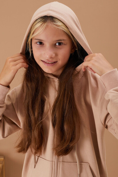 Kız Çocuk Kapüşonlu Fermuarlı Bej Okul Hırkası 16193-Bej - 5