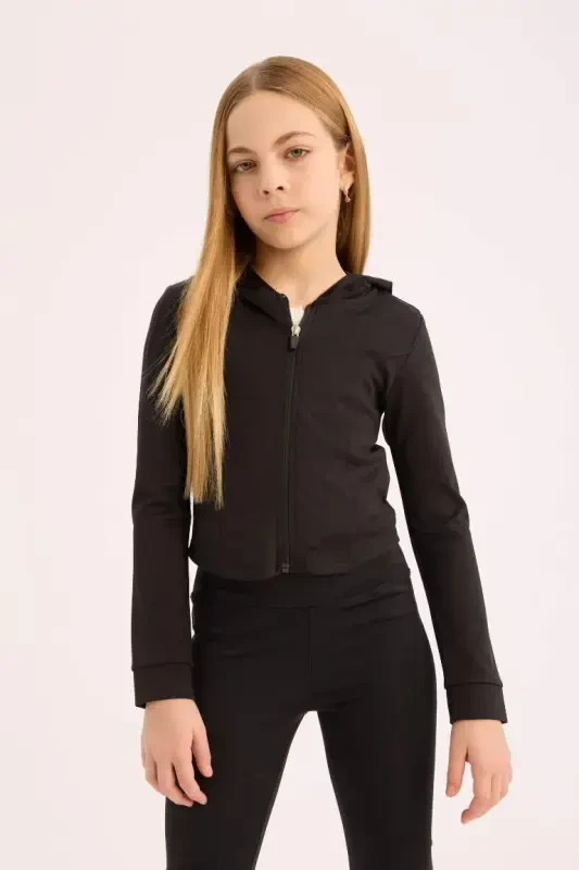 Kız Çocuk Kapüşonlu İçi Yumuşak Tüylü Fermuarlı Sweatshirt-Siyah - 1