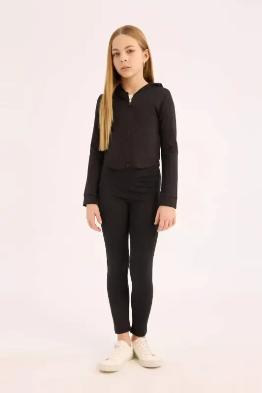 Kız Çocuk Kapüşonlu İçi Yumuşak Tüylü Fermuarlı Sweatshirt-Siyah - 2