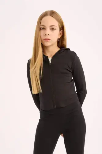 Kız Çocuk Kapüşonlu İçi Yumuşak Tüylü Fermuarlı Sweatshirt-Siyah - 3