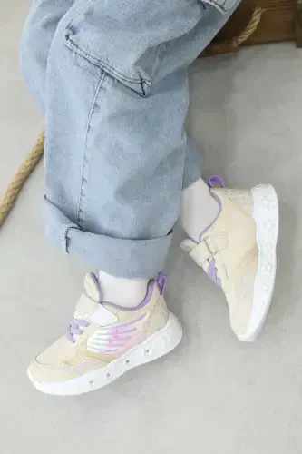 Kız Çocuk Lastikli Ve Cırtılı Desenli Işıklı Sneaker Spor Çocuk Ve Bebek Ayakkabısı 141xca058-Bej Lila - 1