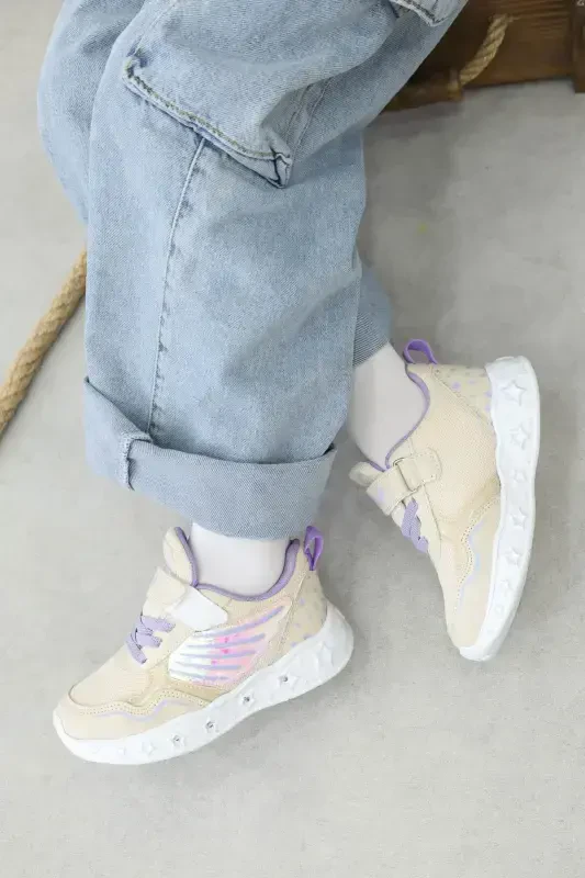 Kız Çocuk Lastikli Ve Cırtılı Desenli Işıklı Sneaker Spor Çocuk Ve Bebek Ayakkabısı 141xca058-Bej Lila - 1