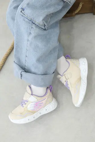 Kız Çocuk Lastikli Ve Cırtılı Desenli Işıklı Sneaker Spor Çocuk Ve Bebek Ayakkabısı 141xca058 - Bej Lila 
