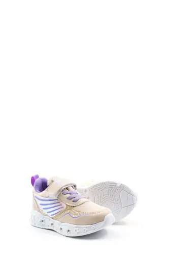 Kız Çocuk Lastikli Ve Cırtılı Desenli Işıklı Sneaker Spor Çocuk Ve Bebek Ayakkabısı 141xca058 - Bej Lila - 4
