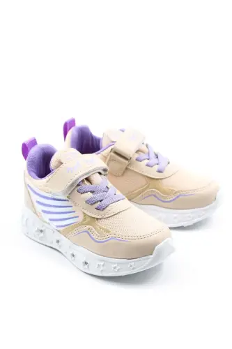 Kız Çocuk Lastikli Ve Cırtılı Desenli Işıklı Sneaker Spor Çocuk Ve Bebek Ayakkabısı 141xca058 - Bej Lila - 5