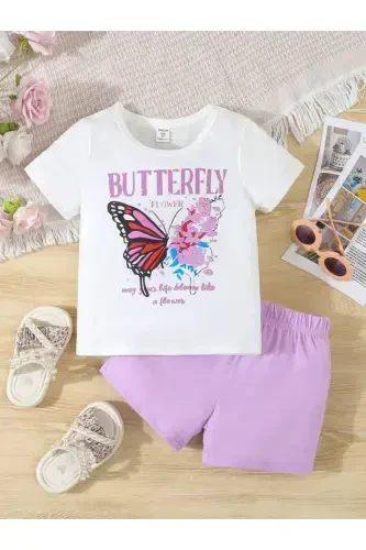 Kız Çocuk Lila Butterfly Şort-Tişört Basklı Takım-beyazlilas - 1