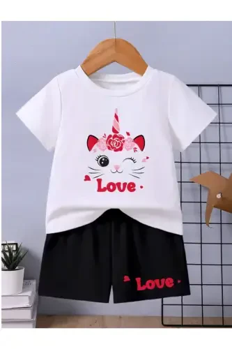 Kız Çocuk Love Kedicik Baskılı Beyaz-Siyah Şort-Tişört Takım-beyazsiyahhhh - 1