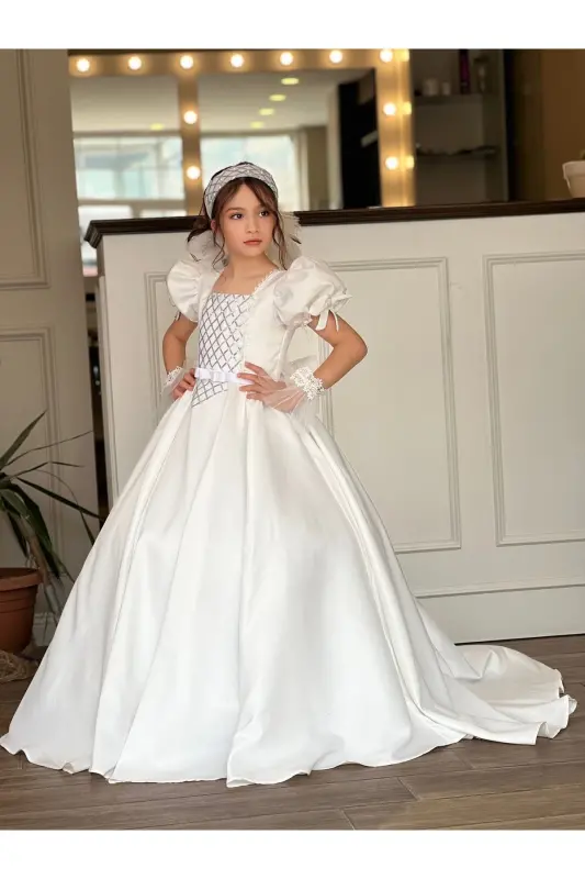 KIZ ÇOCUK MEZUNİYET, ÖZEL GÜN ABİYE TARLATANLI ELDİVEN-Beyaz - 2