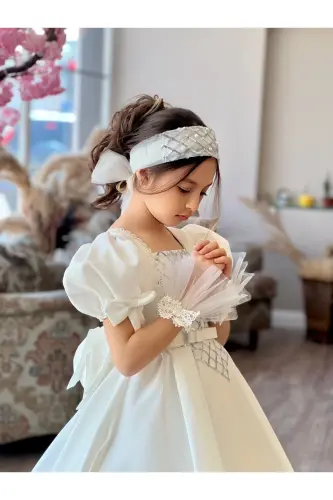 KIZ ÇOCUK MEZUNİYET, ÖZEL GÜN ABİYE TARLATANLI ELDİVEN-Beyaz - 5