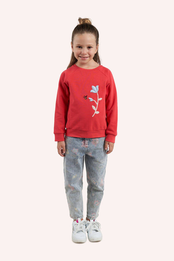 Kız Çocuk Nakış Detaylı Kırmızı Sweatshirt-005 - 1