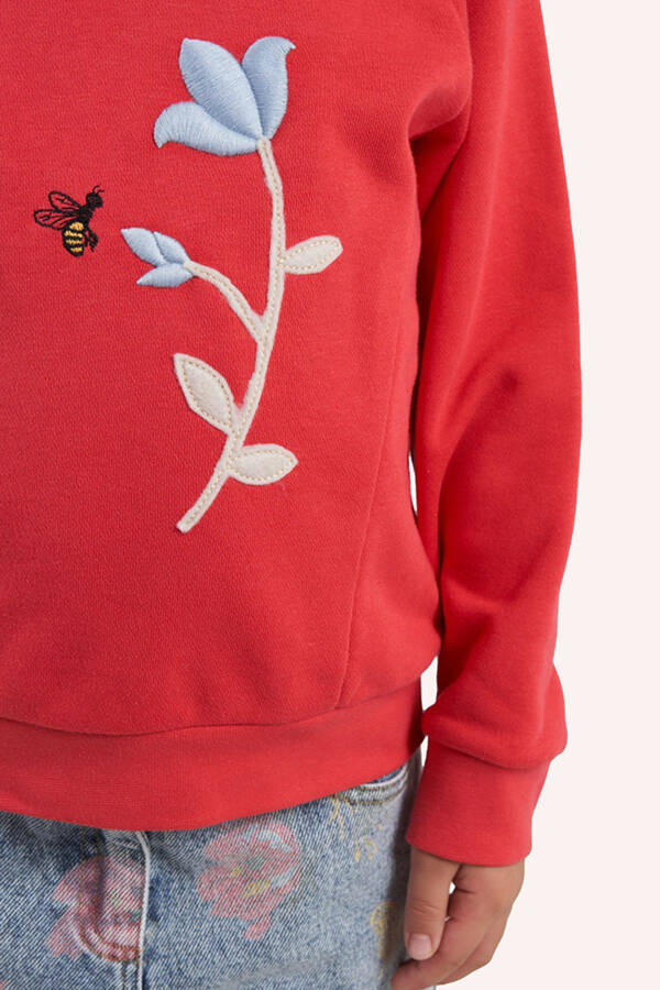 Kız Çocuk Nakış Detaylı Kırmızı Sweatshirt-005 - 4